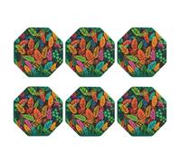 Set di 6 sottobicchieri ottagonali, in pelle PU, per bevande, tavolino da caffè, protezione da tavolo con foglie colorate della giungla, decorazione per la casa