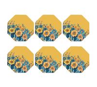 Set di 6 sottobicchieri ottagonali, in pelle PU, per bevande, tavolino da caffè, protezione da tavolo floreale gialla e blu, decorazione per la casa
