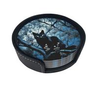 Set di 6 sottobicchieri per bevande con gatto nero sull'albero, in pelle, sottobicchieri, sottobicchieri, per tazza, cucina, bar, decorazione per la casa, regalo di inaugurazione della casa