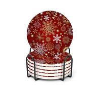 Set di 6 sottobicchieri per bevande, motivo natalizio rosso con fiocchi di neve bianchi e dorati, in ceramica, con base in sughero e supporto in metallo, decorazione per casa e bar, idea regalo per