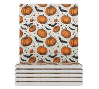 Set di 6 sottobicchieri quadrati in ceramica a forma di zucca di Halloween, con supporto in sughero, resistenti al calore, resistenti al calore, per tazze e bicchieri