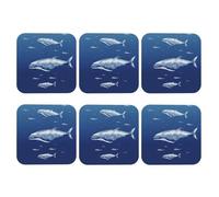 Set di 6 sottobicchieri quadrati in pelle PU per bevande, tavolino da caffè, piccola balena blu che nuota, protezione per tavolo, decorazione per la casa