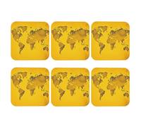 Set di 6 sottobicchieri quadrati in pelle PU per bevande, tavolino da caffè, protezione da tavolo con mappa del mondo gialla, decorazione per la casa