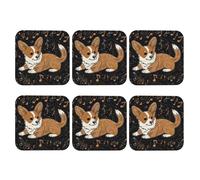 Set di 6 sottobicchieri quadrati in pelle PU per bevande, tavolino da caffè, protezione da tavolo e decorazioni per la casa, tappetino per tazze a forma di Corgi che ama la musica