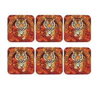 Set di 6 sottobicchieri quadrati in pelle PU per bevande, tavolino da caffè, protezione da tavolo e decorazioni per la casa con scritta "Prosperità nell'anno della tigre"