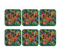 Set di 6 sottobicchieri quadrati in pelle PU per bevande, tavolino da caffè, protezione per tavolo con foglie colorate della giungla, decorazione per la casa