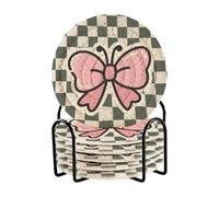 Set di 6 sottobicchieri rosa con fiocco in stile cartone animato scozzese con supporto, set di 6 sottobicchieri per bevande, regalo di inaugurazione della casa, decorazione per la casa