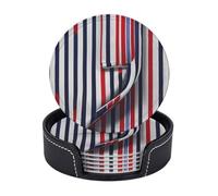 Set di 6 sottobicchieri rotondi a righe rosse blu bianche grigie con supporto, tovagliette circolari per casa, cucina, ufficio