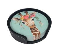 Set di 6 sottobicchieri rotondi con giraffa con stampa floreale, in pelle PU, con supporto, per casa, ufficio, cucina
