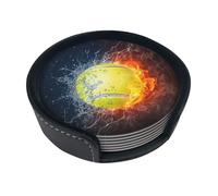 Set di 6 sottobicchieri rotondi con pallina da tennis in fuoco e acqua, in pelle PU, con supporto, per casa, ufficio, cucina