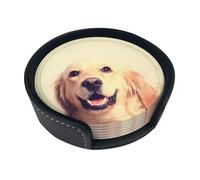 Set di 6 sottobicchieri rotondi con stampa di cane dorato, per casa, cucina, bar, ufficio, tavolo, sottobicchieri, in pelle