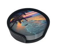 Set di 6 sottobicchieri rotondi con stampa di cocco e tramonto sulla spiaggia, in pelle PU resistente al calore, con supporto per casa, ufficio e bar