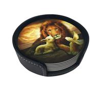 Set di 6 sottobicchieri rotondi con stampa di leone, agnello, uccello, tramonto, in pelle PU, resistenti al calore, con supporto, per casa, ufficio e bar