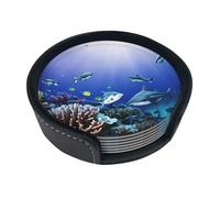 Set di 6 sottobicchieri rotondi con stampa di squalo che nuota sotto il mare, in pelle, per casa, cucina, bar, ufficio, elegante decorazione da tavolo