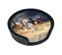 Set di 6 sottobicchieri rotondi con supporto, motivo: cavallo che corre nel deserto, adatto per tavoli, soggiorni o cucine.