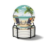 Set di 6 sottobicchieri rotondi con supporto, motivo: palme e mare tropicale