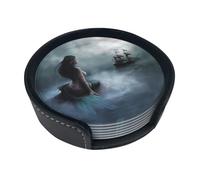 Set di 6 sottobicchieri rotondi con supporto, motivo: ragazza sirena e vela sul mare, nave pirata, adatto per tavoli, soggiorni o cucine.