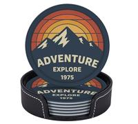 Set di 6 sottobicchieri rotondi con supporto, stile tramonto anni '70 e montagne innevate, in pelle, perfetti per portare le bevande.