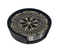 Set di 6 sottobicchieri rotondi dal design magico con rune norrene, in pelle PU resistente al calore, con supporto per decorazione di casa colonica, casa, ufficio e bar