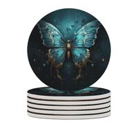 Set di 6 sottobicchieri rotondi in ceramica blu con motivo a farfalla per bevande, sottobicchieri, assorbenti, con retro in sughero, sottobicchieri antiscivolo, per tavolino, bar, scrivania, 10,4 cm
