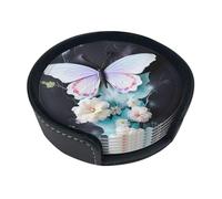 Set di 6 sottobicchieri rotondi in pelle bianca con farfalla - sottobicchieri per bevande con supporto (9,9 cm) per casa cucina
