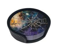 Set di 6 sottobicchieri rotondi in pelle con motivo a ragnatela blu, viola, sottobicchieri con supporto, per bevande, protezione da tavolo, decorazione per bar e caffè