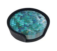 Set di 6 sottobicchieri rotondi in pelle con stampa a squame di sirena e vassoio in pelle per casa e ufficio