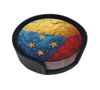 Set di 6 sottobicchieri rotondi in pelle con stampa della bandiera del Venezuela e vassoio in pelle per casa e ufficio