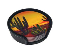 Set di 6 sottobicchieri rotondi in pelle con stampa di cactus nel deserto e vassoio in pelle per casa e ufficio