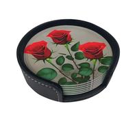 Set di 6 sottobicchieri rotondi in pelle con stampa di fiori di rosa rossa e vassoio in pelle per casa e ufficio
