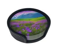 Set di 6 sottobicchieri rotondi in pelle con stampa di fiori viola, prato, montagna e paesaggio, con vassoio in pelle per casa e ufficio