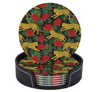 Set di 6 sottobicchieri rotondi in pelle con supporto, motivo leopardi, rose rosse e foglie tropicali, resistenti al calore, per proteggere il tavolo, decorazioni per la casa, cucina e regalo di inaug