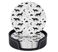 Set di 6 sottobicchieri rotondi in pelle con supporto, motivo: luna crescente, stelle e nuvole, per bevande, resistenti al calore, per proteggere il tavolo, decorazioni per la casa, cucina e regalo di