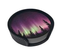 Set di 6 sottobicchieri rotondi in pelle con vista notturna dell'aurora, sottobicchieri con supporto, per bevande, protezione da tavolo, decorazione per bar e caffè