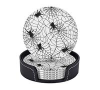 Set di 6 sottobicchieri rotondi in pelle da 4" con motivo a ragnatela bianca e nera di Halloween per bevande con supporto per decorazioni da cucina per la casa, tazze da caffè, inaugurazione della