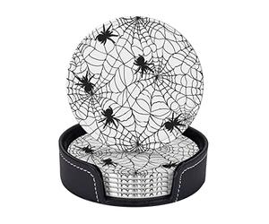 Set di 6 sottobicchieri rotondi in pelle da 4" con motivo a ragnatela bianca e nera di Halloween per bevande con supporto per decorazioni da cucina per la casa, tazze da caffè, inaugurazione della