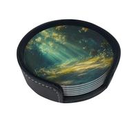 Set di 6 sottobicchieri rotondi in pelle magica con foresta di luci e ombre, sottobicchieri con supporto, per bevande, protezione da tavolo, decorazione per bar e caffè