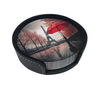 Set di 6 sottobicchieri rotondi in pelle PU con stampa a forma di torre Eiffel con ombrello rosso, con scatola portaoggetti, per cucina, ufficio, tavolo da pranzo