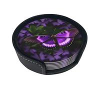 Set di 6 sottobicchieri rotondi in pelle PU con stampa farfalla viola con scatola portaoggetti per tavolo da pranzo da cucina ufficio