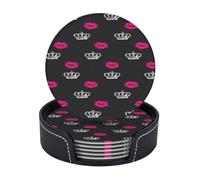 Set di 6 sottobicchieri rotondi in pelle PU, con stampa labbra e corona, con scatola portaoggetti, per cucina, scrivania, ufficio, tavolo da pranzo