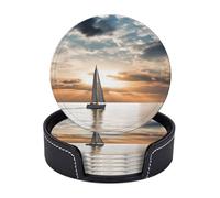 Set di 6 sottobicchieri rotondi in pelle PU con supporto, barca a vela sul mare, sottobicchiere per tazza da bere