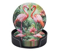 Set di 6 sottobicchieri rotondi in pelle PU con supporto, due fenicotteri in una scena tropicale ad