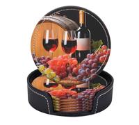 Set di 6 sottobicchieri rotondi in pelle PU con supporto, elementi classici del vino, botte, bottiglia, bicchieri e uva.