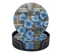 Set di 6 sottobicchieri rotondi in pelle PU con supporto, fiori blu con gocce di rugiada su legno invecchiato