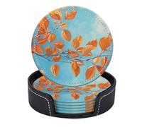 Set di 6 sottobicchieri rotondi in pelle PU con supporto, foglie autunnali arancioni contro un cielo azzurro terso