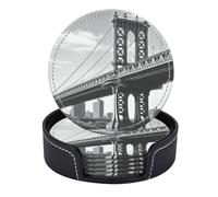 Set di 6 sottobicchieri rotondi in pelle PU con supporto, foto in bianco e nero del ponte di Manhattan