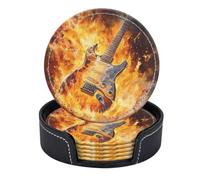 Set di 6 sottobicchieri rotondi in pelle PU con supporto. Il fascino dinamico di una chitarra in una scena infuocata.