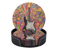 Set di 6 sottobicchieri rotondi in pelle PU con supporto. Il fascino energico di una chitarra in una scena psichedelica.