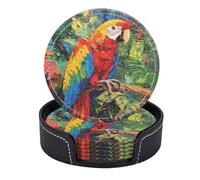 Set di 6 sottobicchieri rotondi in pelle PU con supporto. Il fascino esotico di un pappagallo della giungla.