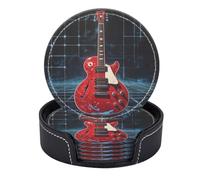 Set di 6 sottobicchieri rotondi in pelle PU con supporto. Il fascino fresco di una chitarra in una scena piena di griglia e luce.